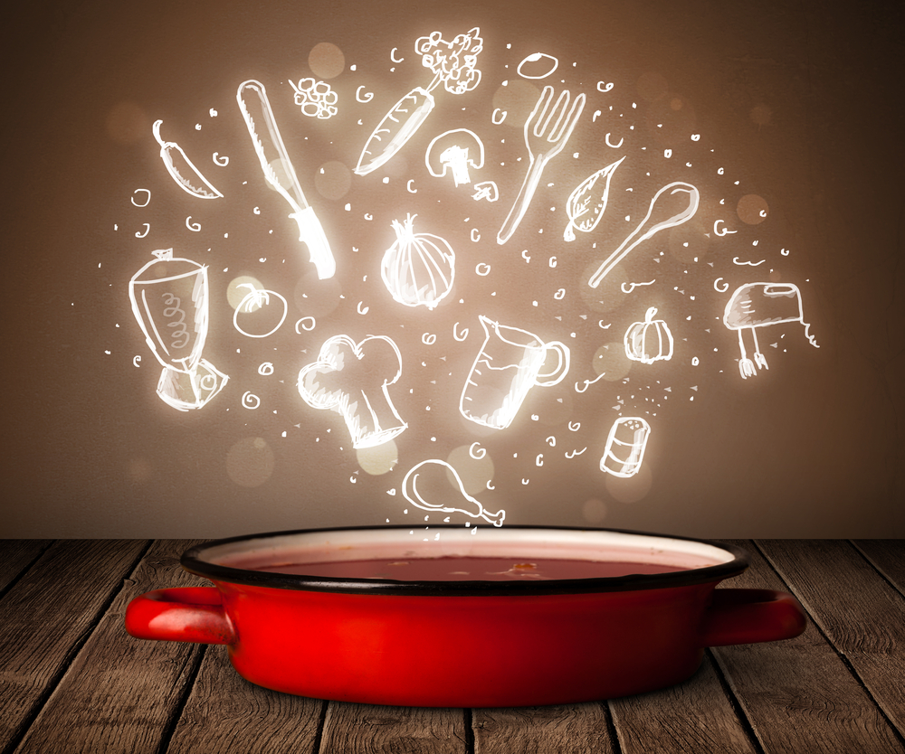 Shiny cooking icons coming out from cooking pot Shiny cooking icons coming out from cooking pot